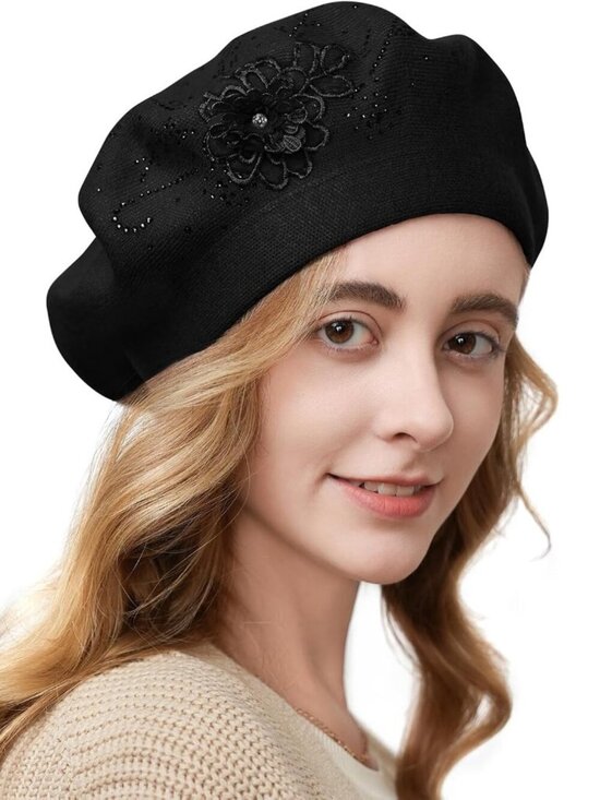 Women\'s French Style Flower Knitted Embroidery Beret Hats Black main image 4
